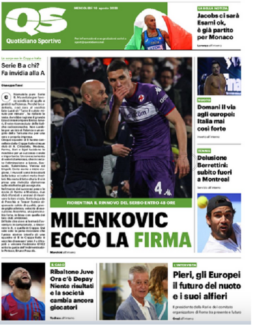 Quotidiani: la prima pagina di Qs, Stadio, Gazzetta, Corriere dello Sport, Tuttosport