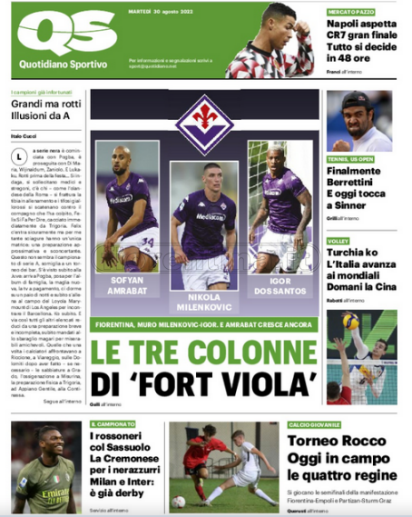 Quotidiani: la prima pagina di Qs, Stadio, Gazzetta, Corriere dello Sport, Tuttosport