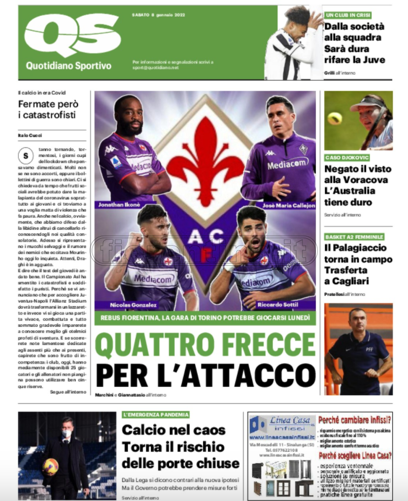 Quotidiani: la prima pagina di Qs, Stadio, Gazzetta, Corriere dello Sport, Tuttosport