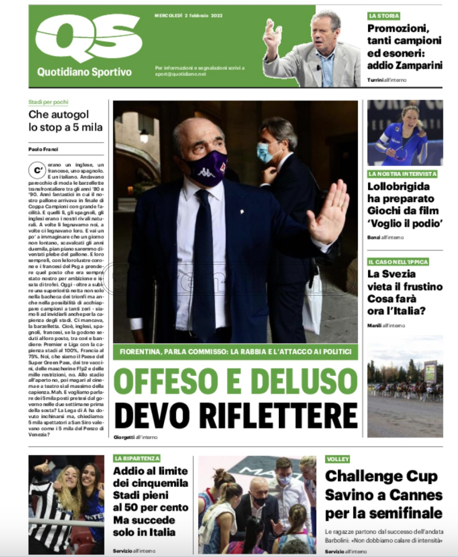 Quotidiani: la prima pagina di Qs, Stadio, Gazzetta, Corriere dello Sport, Tuttosport