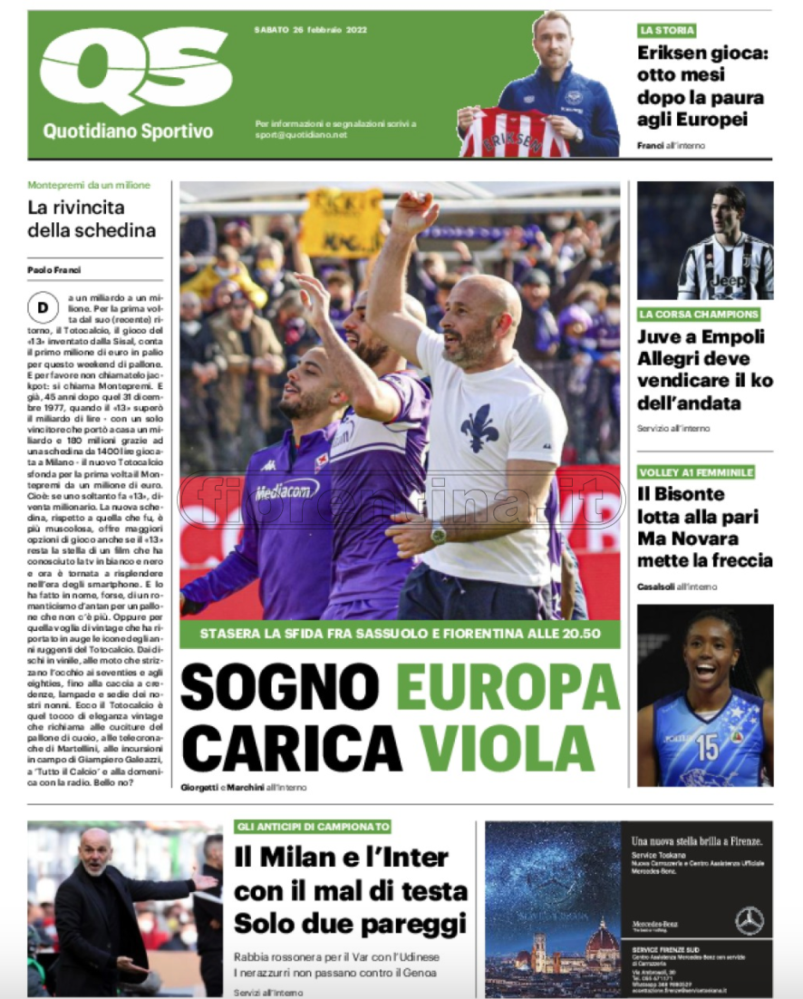 Quotidiani: la prima pagina di Qs, Stadio, Gazzetta, Corriere dello Sport, Tuttosport
