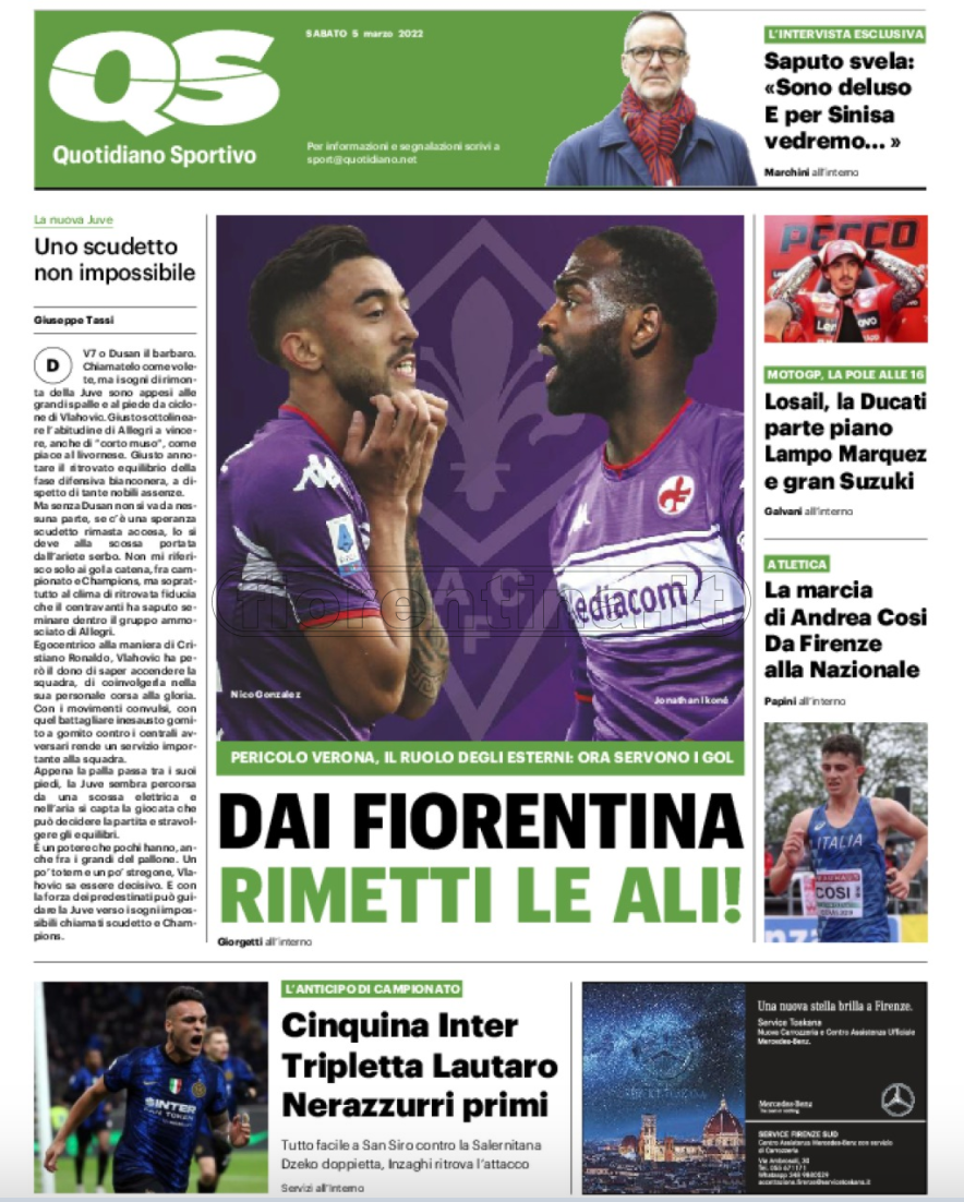 Quotidiani: la prima pagina di Qs, Stadio, Gazzetta, Corriere dello Sport, Tuttosport