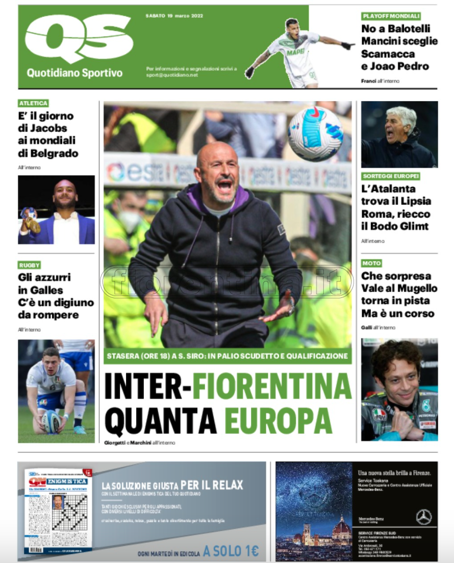 Quotidiani: la prima pagina di Qs, Stadio, Gazzetta, Corriere dello Sport, Tuttosport