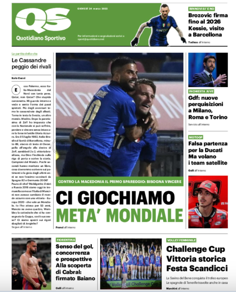 Quotidiani: la prima pagina di Qs, Stadio, Gazzetta, Corriere dello Sport, Tuttosport