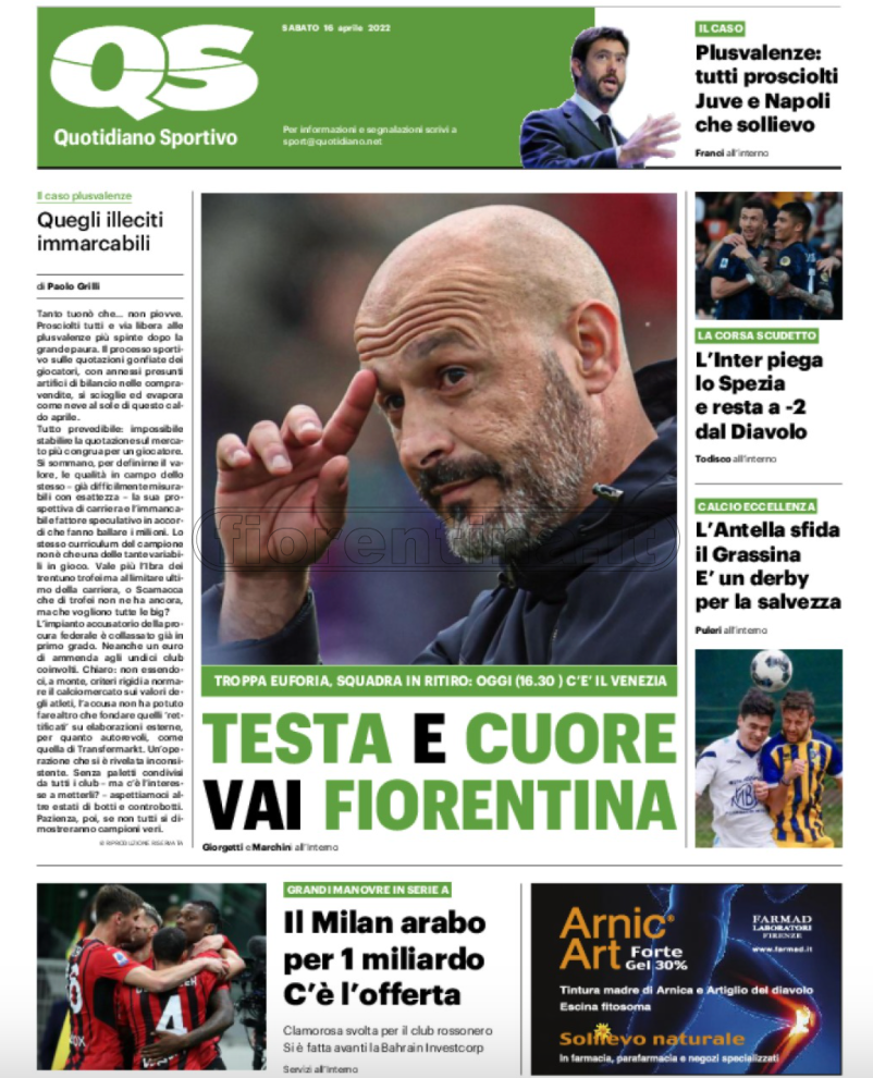 Quotidiani: la prima pagina di Qs, Stadio, Gazzetta, Corriere dello Sport, Tuttosport