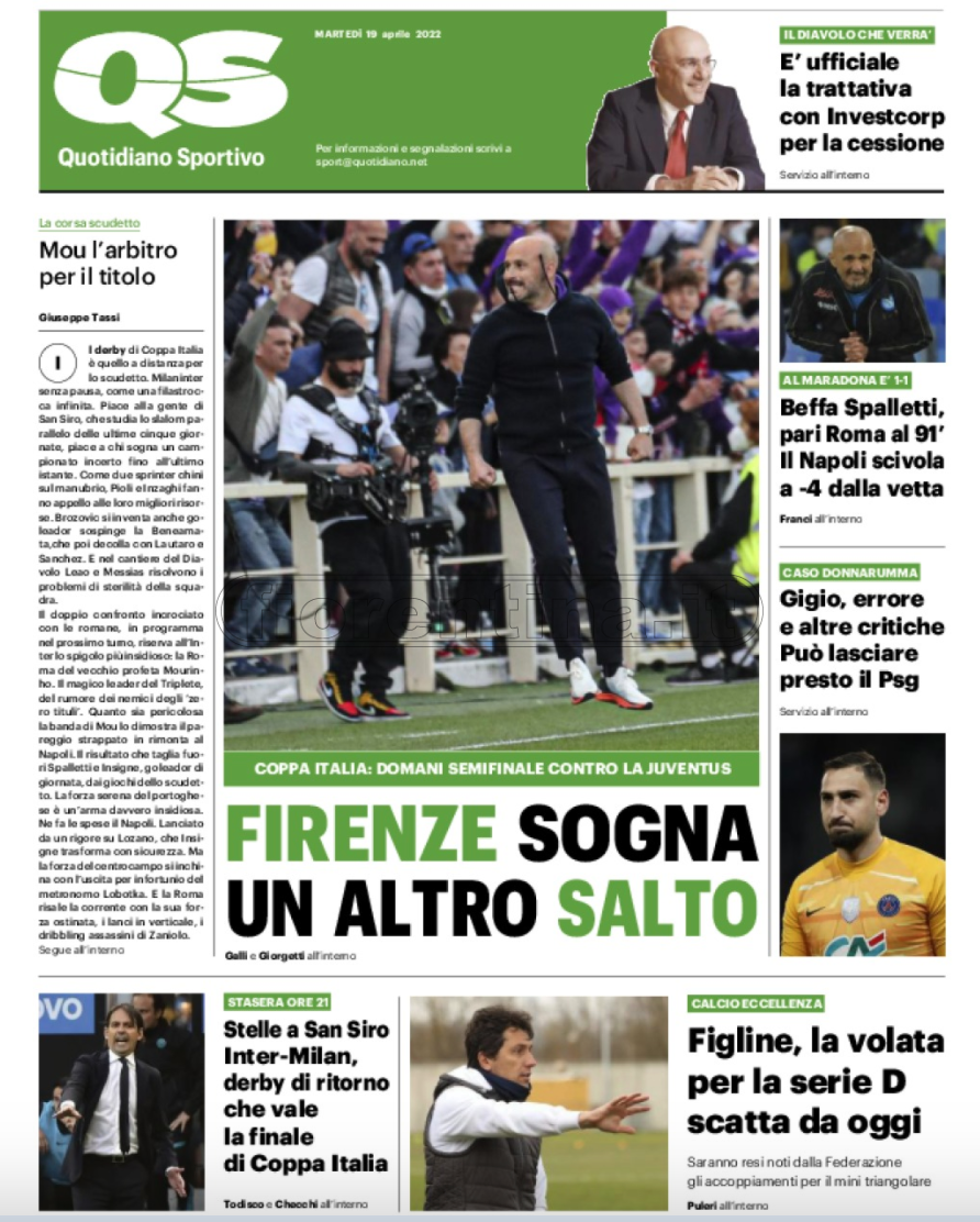 Quotidiani: la prima pagina di Qs, Stadio, Gazzetta, Corriere dello Sport, Tuttosport