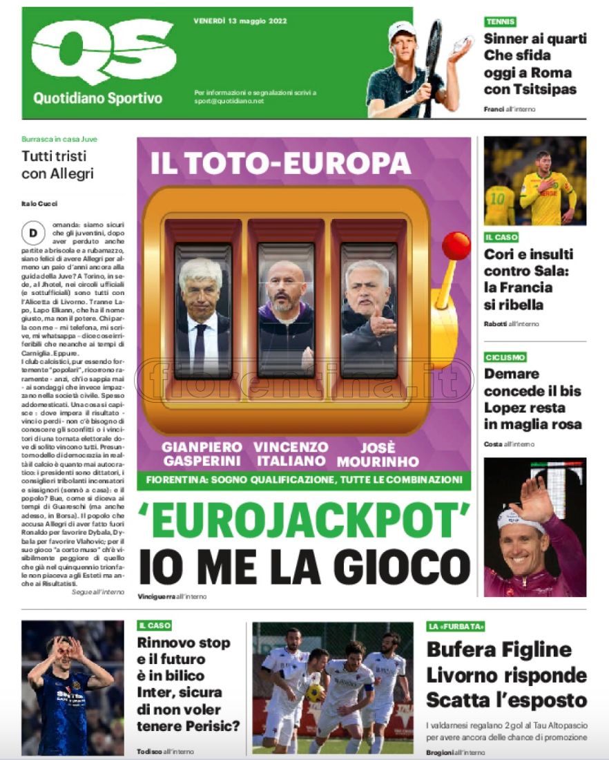 Quotidiani: la prima pagina di Qs, Stadio, Gazzetta, Corriere dello Sport, Tuttosport