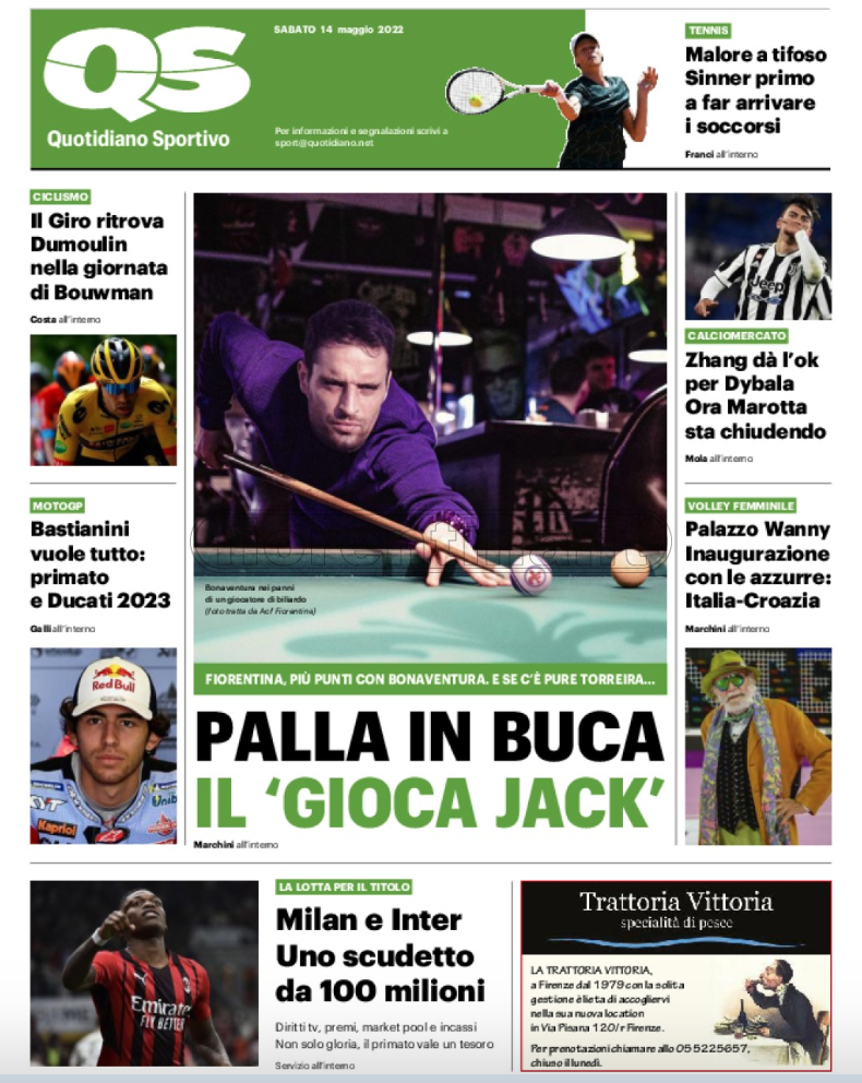 Quotidiani: la prima pagina di Qs, Stadio, Gazzetta, Corriere dello Sport, Tuttosport