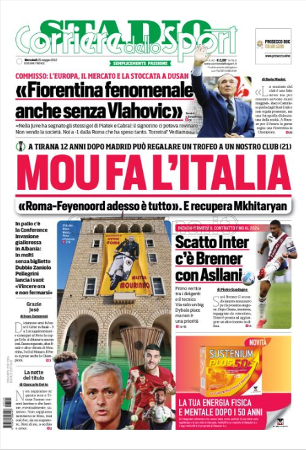 Quotidiani: la prima pagina di Qs, Stadio, Gazzetta, Corriere dello Sport, Tuttosport