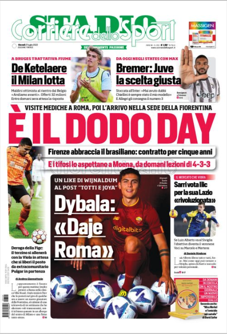 Quotidiani: le prime pagine di Qs, Gazzetta, CorSport, Stadio e Tuttosport