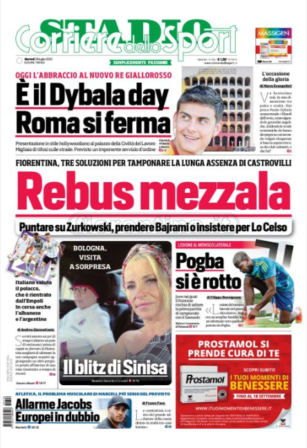 Quotidiani: la prima pagina di Qs, Stadio, Gazzetta, Corriere dello Sport, Tuttosport