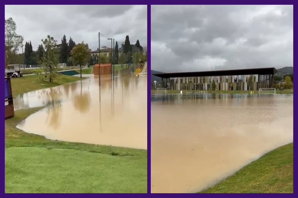 Maltempo in Toscana: allerta rossa e campi allagati al Viola Park