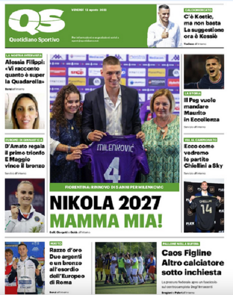 Quotidiani: la prima pagina di Qs, Stadio, Gazzetta, Corriere dello Sport, Tuttosport