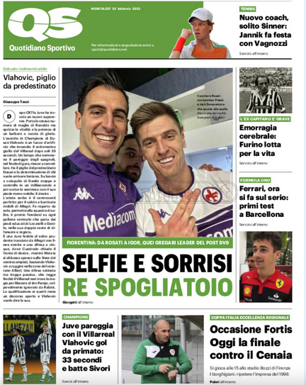 Quotidiani: la prima pagina di Qs, Stadio, Gazzetta, Corriere dello Sport, Tuttosport